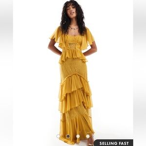 NWT ASOS DESIGN flutter sleeve tiered midi dress with lace insert in mustard